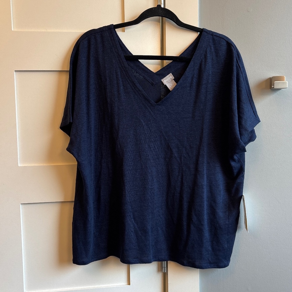 Chico‘s size 3 navy blue 100% linen double V-neck T-shirt new with tags $45